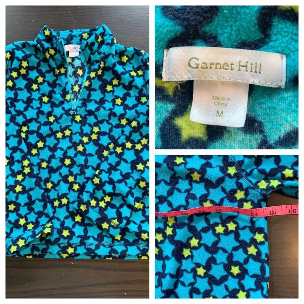 Garnet Hill Kids Girls Fleece Pullover Medium Blue Green Stars 1/4‎ Zip